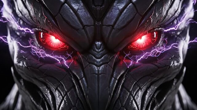Extreme Close-Up of a Sinister Sci-Fi Monster Opening Glowing Red Eyes