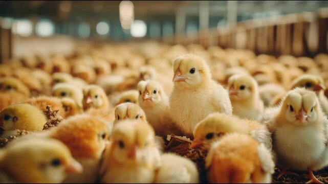 A group of fluffy yellow chicks in a poultry farm. The chicks are small, with soft feathers and bright eyes, surrounded by many others in a warm environment.