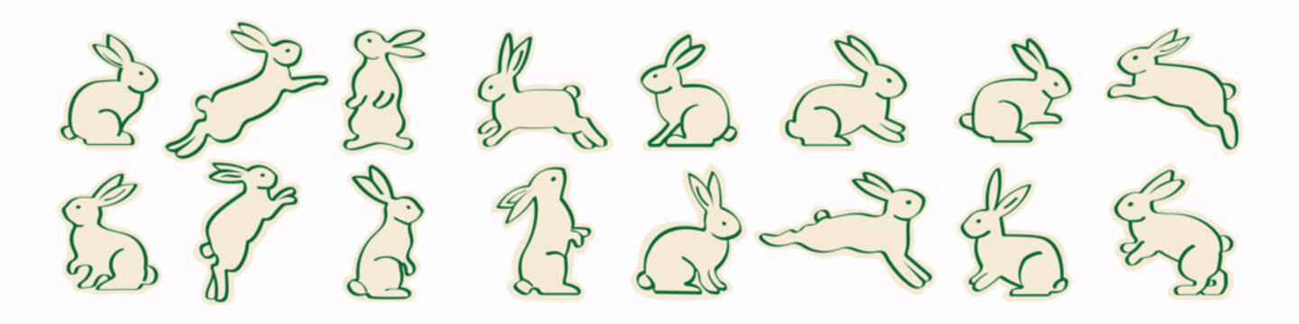Easter doodle vector set with cute rabbits and trendy decorative elements. Large festive collection perfect for event decorations, greeting cards, posters and seasonal holiday designs.