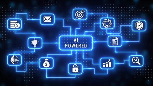 Connected digital network showcasing artificial intelligence powered business concepts with bright blue neon lines linking for finance security ideas AI and workflow on a dark blue background