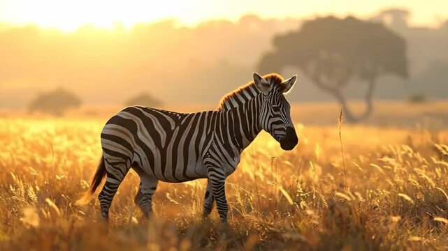 A solitary zebra stands gracefully in a sunlit field, bathed in the warm glow of the golden hour.