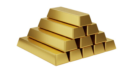 Gold ingots stacked in a pyramid shape on transparent background. Financial investment and wealth accumulation concept for advertising.