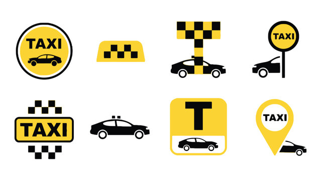 A collection of various taxi signs and logos on a white background