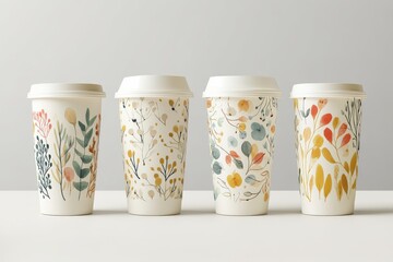 A decorative display of disposable coffee cups awaiting delicious beverages.