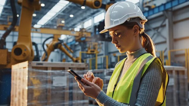 Woman engineer uses smartphone at construction site with robot. Female worker checks phone near machinery. Engineer at industrial site with robot. Woman uses smartphone at factory warehouse.