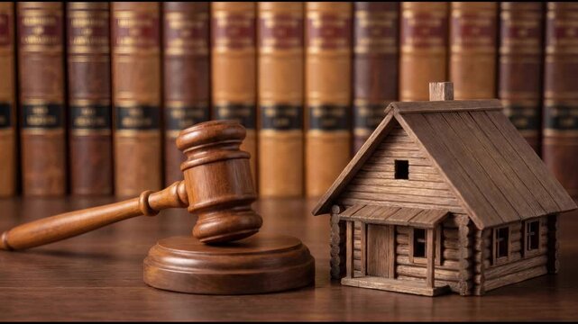 A wooden gavel and a small model house are placed on a table. In the background, there are rows of law books. The scene represents legal matters related to real estate.