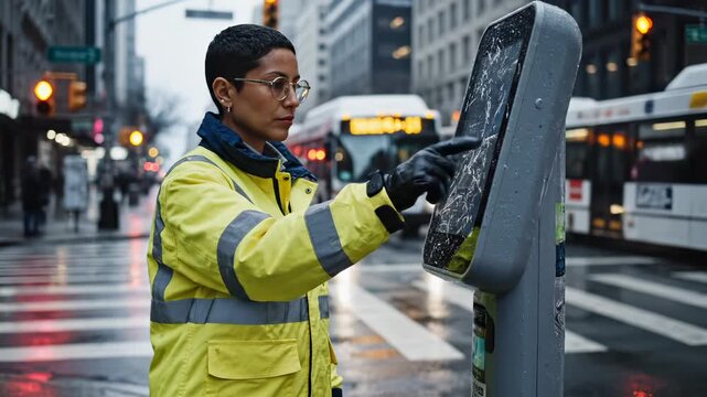 Female parking enforcement officer checks parking meter on city street. Parking officer inspects meter in urban area. Woman parking attendant operates meter on rainy city street with traffic and bus i