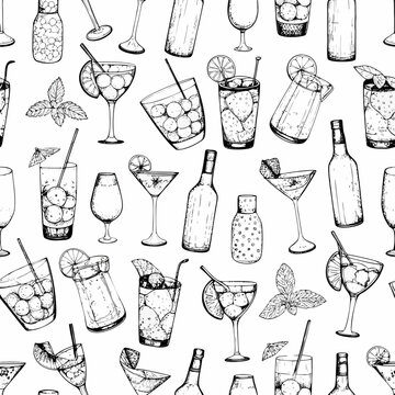 A seamless pattern of various cocktail glasses bottles and fruit slices