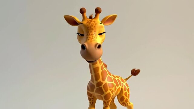 A charming cartoon giraffe with a friendly expression stands against a simple background.