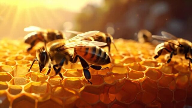Close-up of honeybees on a honeycomb, illuminated by warm sunlight, showcasing nature's intricate design.