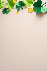 Obraz premium A vertical festive St Patrick's Day scene featuring shamrocks, green tones, and scattered coins for greeting cards and banners