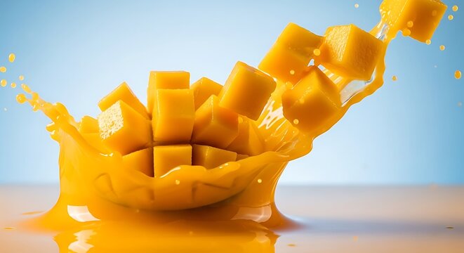Vibrant yellow mango pieces dramatically splashing into thick juice create an energetic tropical explosion highlighting fresh sweet fruit texture for healthy eating concepts