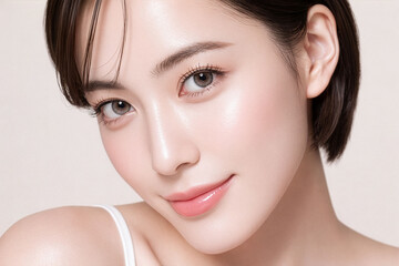 透明感のある美しい肌とナチュラルメイクの若い女性のビューティーポートレート、スキンケア、美容、コスメ、イメージ