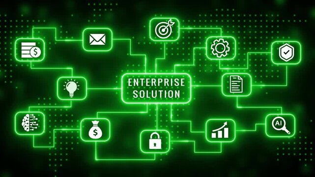 Enterprise solution network diagram with glowing green neon lines connecting for finance security ideas AI and workflow on a dark background Keywords: enterprise solution network diagram