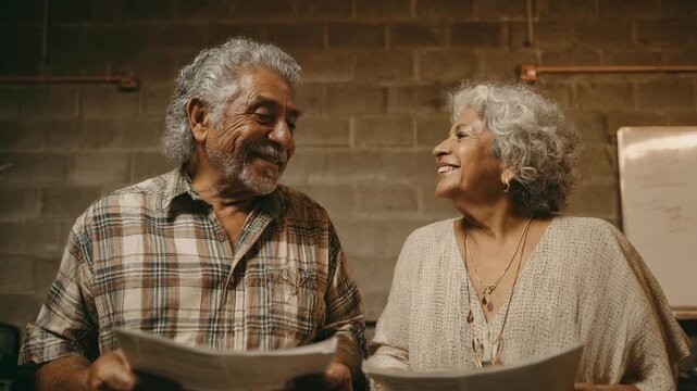 Elderly Latin couple reviews documents. They discuss new community rules. Homeowners association meeting indoors. Mature man and woman reading notices.