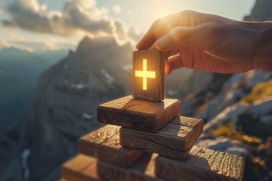 Leuchtendes Kreuz als spirituelles Symbol auf Bergpfad
