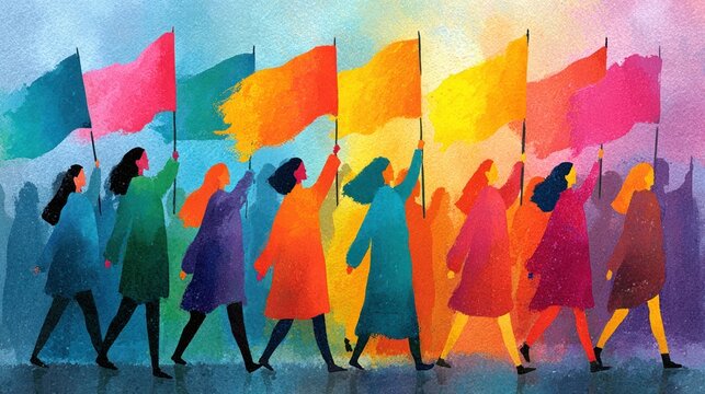 Human rights activists holding vibrant flags with messages of equality and hope, peaceful protest concept