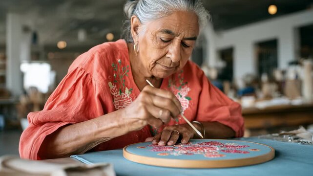 Elderly Latina woman embroiders carefully. Senior female crafter stitches floral design. Mature hands work indoors. Quiet retirement hobby. Closeup textile art process.