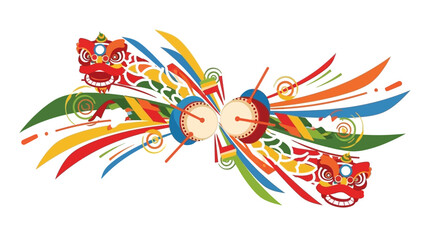 Obraz premium Illustration of a vibrant lion dance character with colorful, swirling designs for a cultural festival or Chinese New Year celebration against a clean white background.
