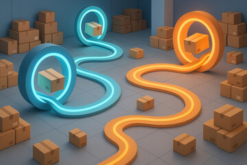 Fototapeta premium Digital warehouse package parcel box logistics delivery shipping automation portal, glowing neon gateway guides cardboard box through surreal transport route for modern supply chain concept