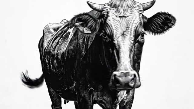 Detailed black and white illustration of a cow, showcasing intricate linework and textures against a clean background.