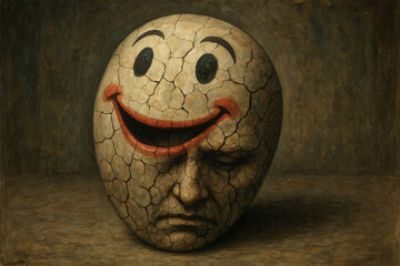 Surreal cracked mask smiling sad face duality emotion anxiety mental, painted grin over frown on stone head, dark background, concept of hidden feeling, illness