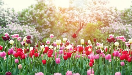 Obraz premium A vibrant garden scene showcases a colorful array of tulips in full bloom framed by lush green trees and foliage