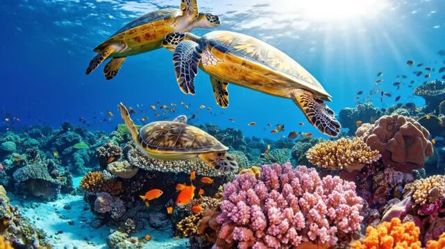 Underwater scene featuring sea turtles swimming above vibrant coral reefs, illuminated by sunlight.