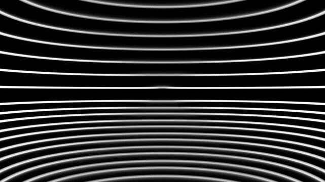 Abstract white neon glowing curved horizontal lines pattern on black background