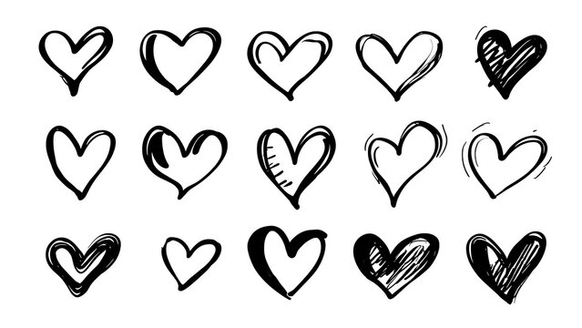 collection of hand-drawn heart shapes in various styles perfect for romantic and artistic designs
