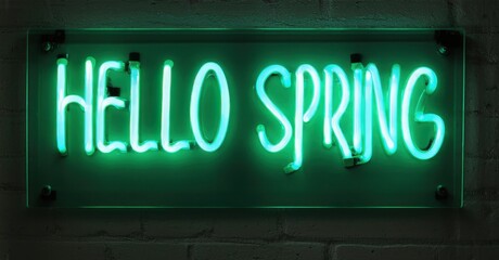 Obraz premium Bright neon sign displays Hello Spring. Turquoise glow contrasts dark brick wall. Simple message evokes seasonal change, optimism.