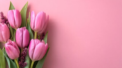 Fototapeta premium Beautiful pink tulips and complementary purple flowers arranged elegantly on a soft pink background, perfect for spring or celebration themes
