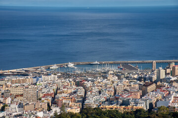 Fototapeta premium Panoramic view of the city of Santa Cruz de Tenerife and its port from the Mirador de Los Campitos viewpoint in Spain