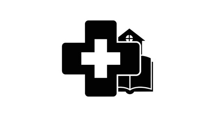 Obraz premium Medical cross and open book with house icon.