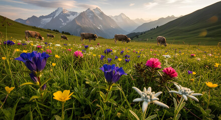 Alpine Bliss: Meadow Flowers, Cows, and Snowy Peaks
Valley in Bloom: Wildflowers and Rugged Mountains
Golden Hills: Pasture, Flowers, and Alpine Scenery
nature&rsquo;s Panorama: Meadow, Cows, and Summit
Ser