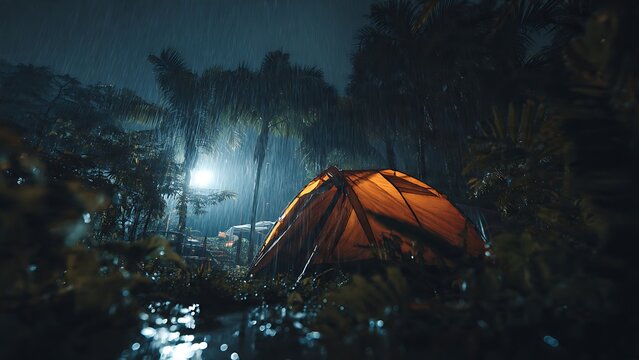 Illuminated orange tent stands resiliently amidst a heavy nighttime downpour in a lush, dark jungle, offering a solitary refuge during a wet outdoor adventure