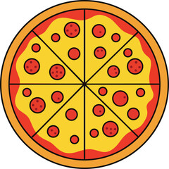 A delicious pepperoni pizza cut into eight slices, topped with melted cheese and tomato sauce, illustrated in a circular pattern on a plain background