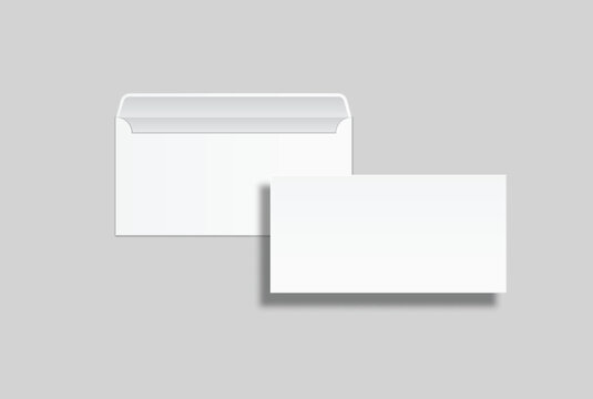 Blank white DL envelope mockup set with transparent shadow isolated on background. Open and closed view of realistic paper mailer for business letters, corporate branding, and office stationery