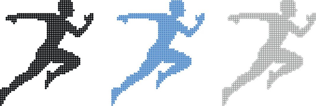 Three dot style running figures in black blue and white dots