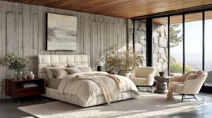 Fototapeta premium Minimalist modern bedroom design featuring elegant bedding, stylish furniture, natural light, large windows, and serene atmosphere in a contemporary setting
