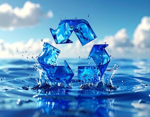A vibrant, clear blue recycling symbol is formed with liquid, sitting in an ocean of water, under a bright, sunny sky