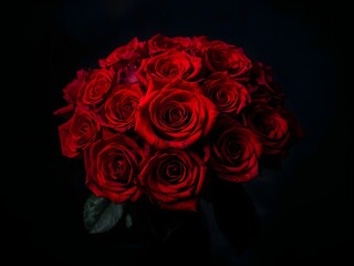 Romantic Red Roses Bouquet for Valentine&rsquo;s Day on Black Background. 