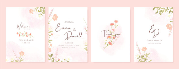Obraz premium Summer Flower Wedding Invitation set, floral invite thank you, rsvp modern card Design in pink leaf greenery branches with water color texture background. 