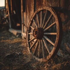 Fototapeta premium Antique wooden wagon wheel with rusted rim in a rural farm setting