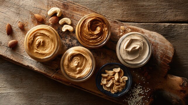 Assorted nut butters in jars on a rustic wooden board with copy space