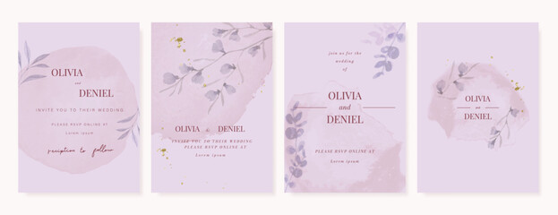 Fototapeta premium Summer Flower Wedding Invitation set, floral invite thank you, rsvp modern card Design in pink leaf greenery branches with water color texture background. 