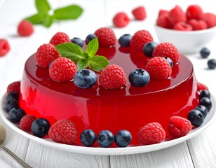 A vibrant, clear red gelatin dessert adorned with fresh raspberries and blueberries, topped with mint. Presented on a white plate
