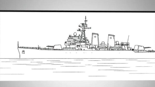Animated outline of a battleship in monochrome against a simple background