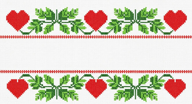 Red cross stitch heart embroidery border.