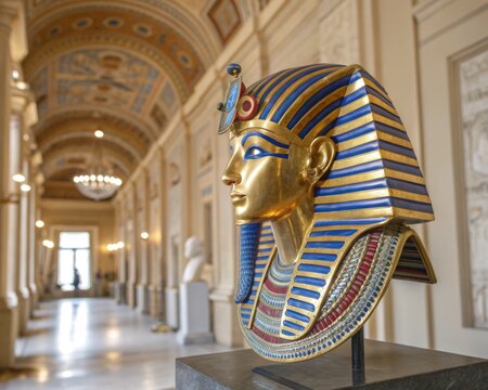 Magnificent golden pharaoh's ceremonial headdress displayed in an ancient Egyptian museum exhibit